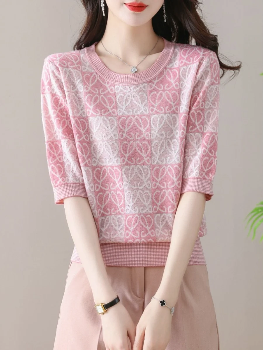 

Faionable ort Sve Silk Knitted T-irt Women's Summer Clothing Age-Defng Top Sli Trendy Commute Sle round Ne