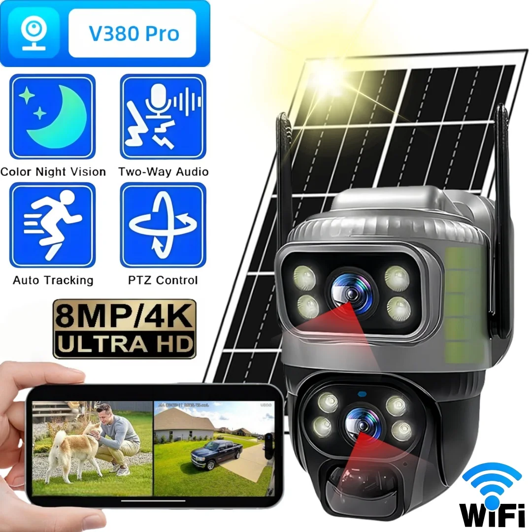 V380 8MP 4K واي فاي IP كاميرا تعمل بالطاقة الشمسية مقاوم للماء في الهواء الطلق عدسة مزدوجة كاميرا PIR للرؤية الليلية V380 برو CCTV مراقبة الحماية الأمنية