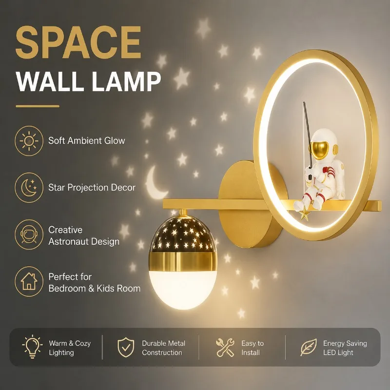Modern Astronaut Wall Light Ring Mirror LED Star Projection Kids Bedroom Bedside Night Creative Decorative Wall Lamp Fixture