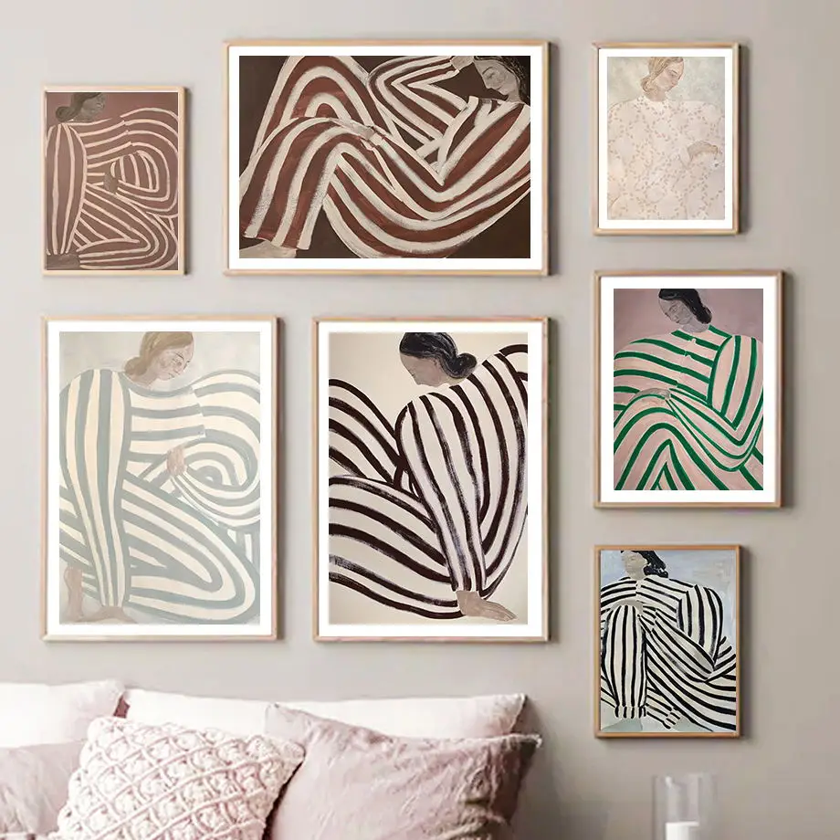 

Sofia Lind Pajama Girl Alone Abstract Stripes Wall Art Canvas Painting Nordic Posters And Prints Pictures For Living Room Decor