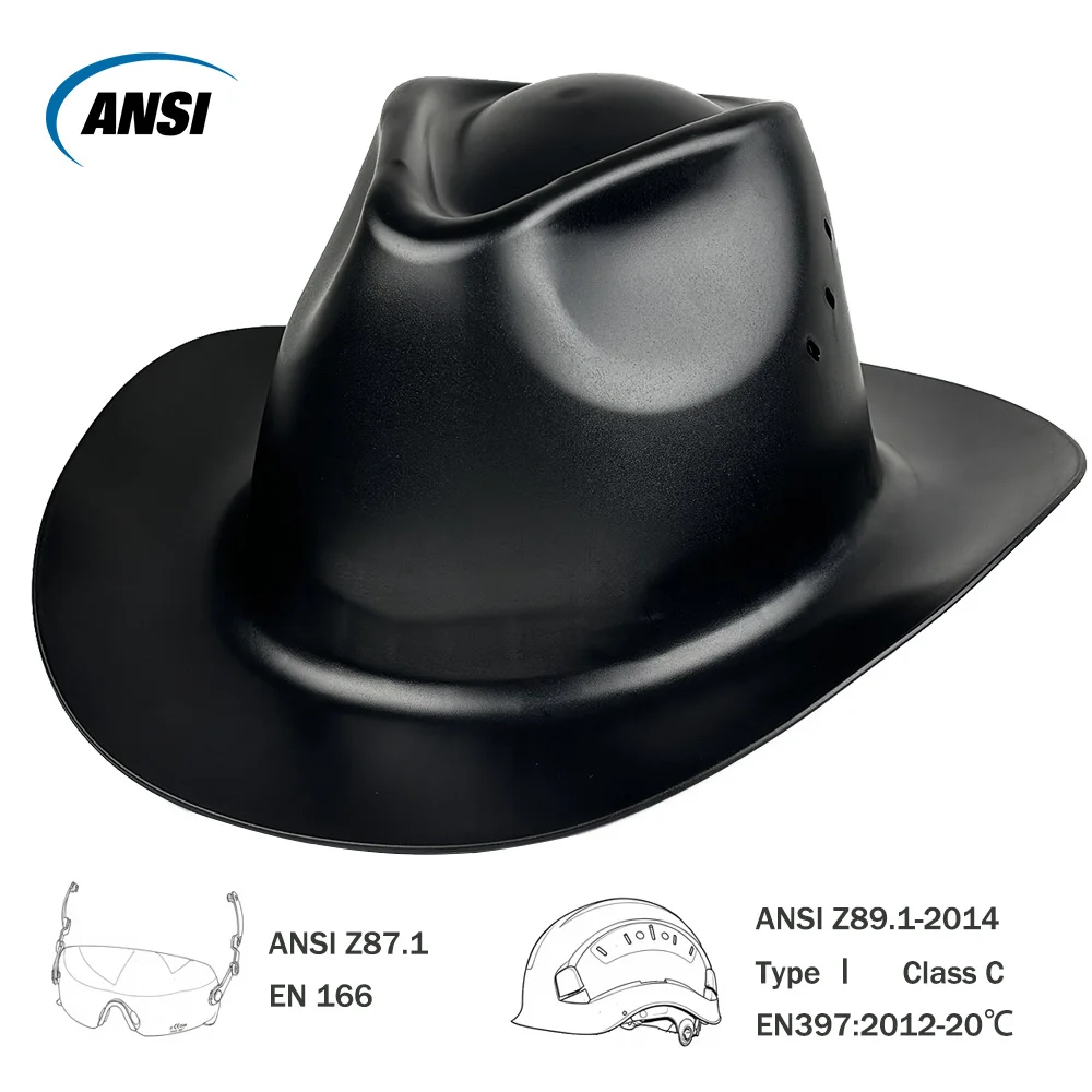 قبعة رعاة البقر الصلبة ANSI Z89.1 الفئة C خوذة كاملة الحواف بفتحات تهوية للاستخدام الصناعي في البناء الخارجي