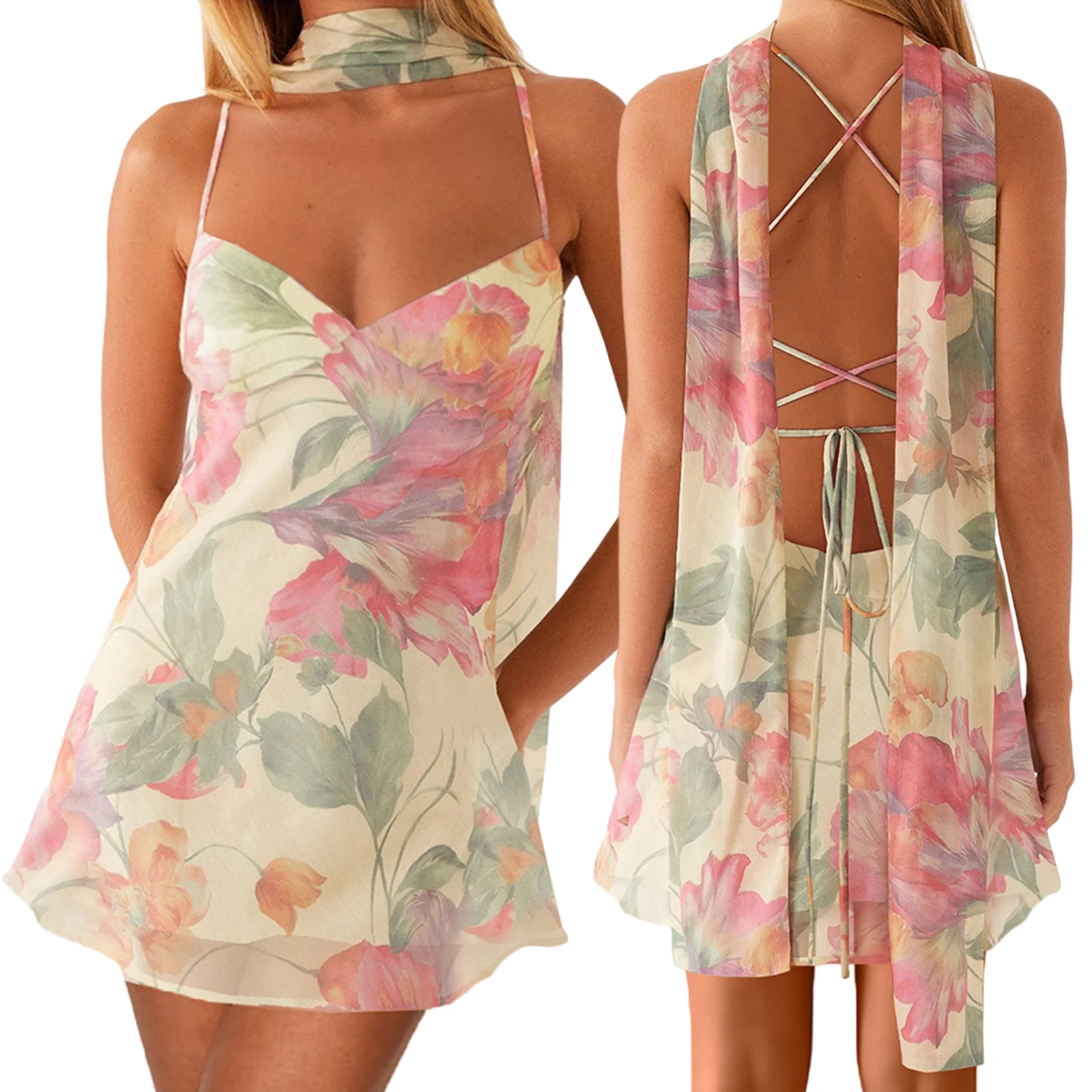 Combhasaki ผู้หญิงพิมพ์ลายดอกไม้/สีทึบแขนกุดคอวีฤดูร้อนเปลือยข้ามผูกสั้นชุดมินิ Cami กับเค้นคอผ้าพันคอ