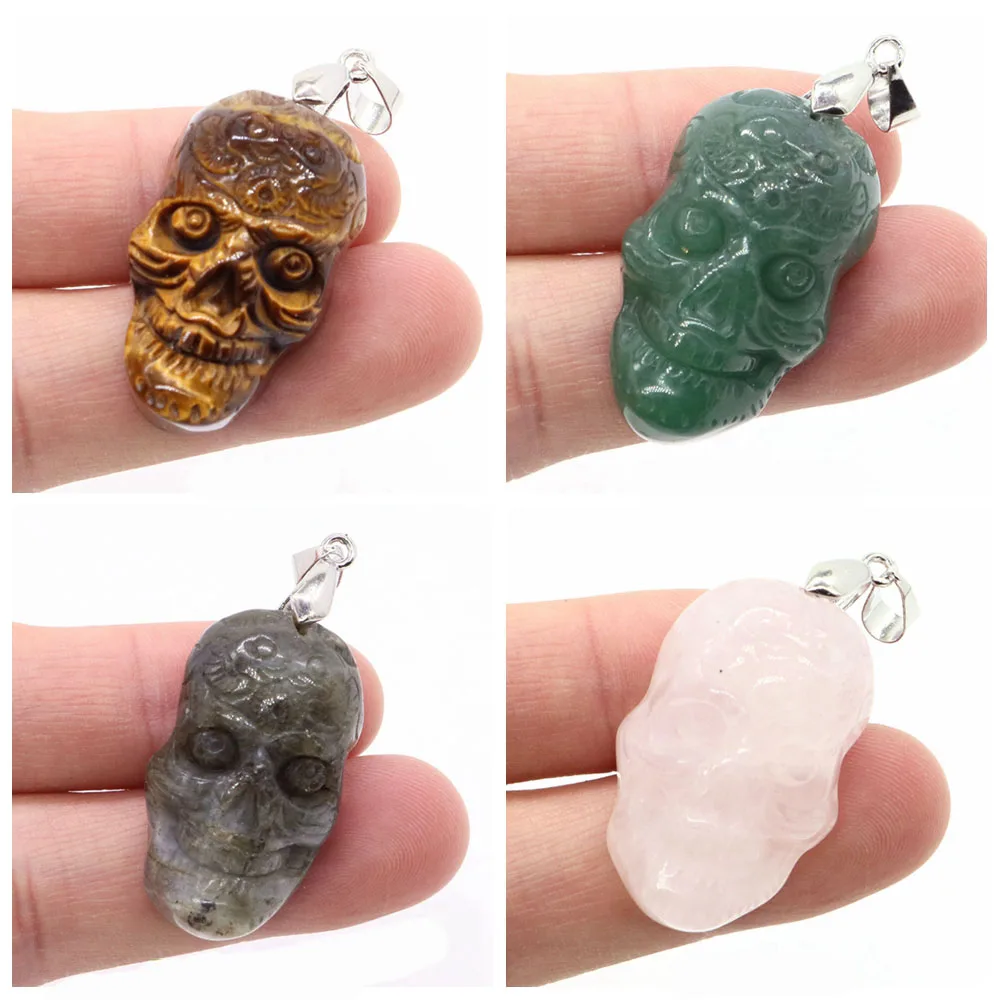 Natural Stones Crystal Skull Pendant Rose Quartz Opalite Stone Carved Energy Ore Mineral Healing Crystals Figurine Home Decore