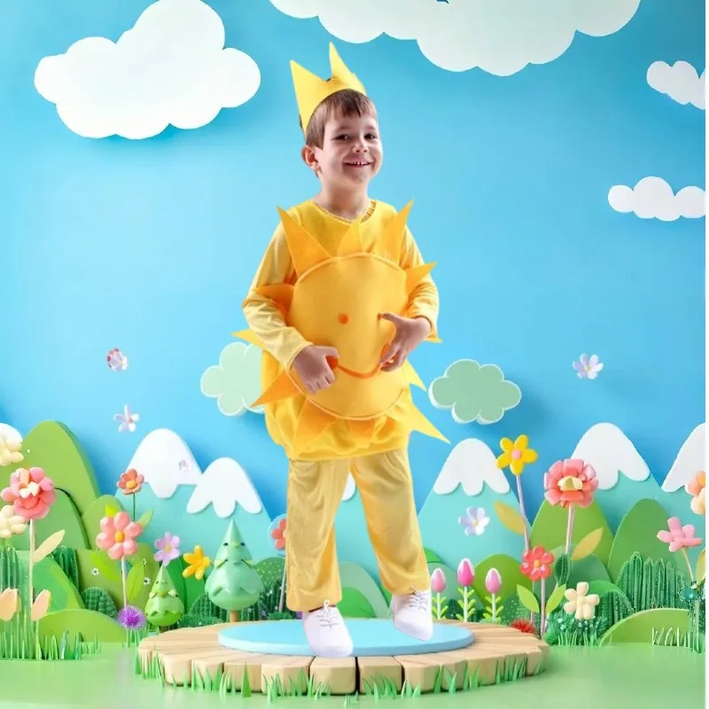 

Boys Girls Sun Cosplay Costume Cute Cartoon Smiling Sun Suit for Fairy Tale Stage Performance Halloween Roleplay Outfit