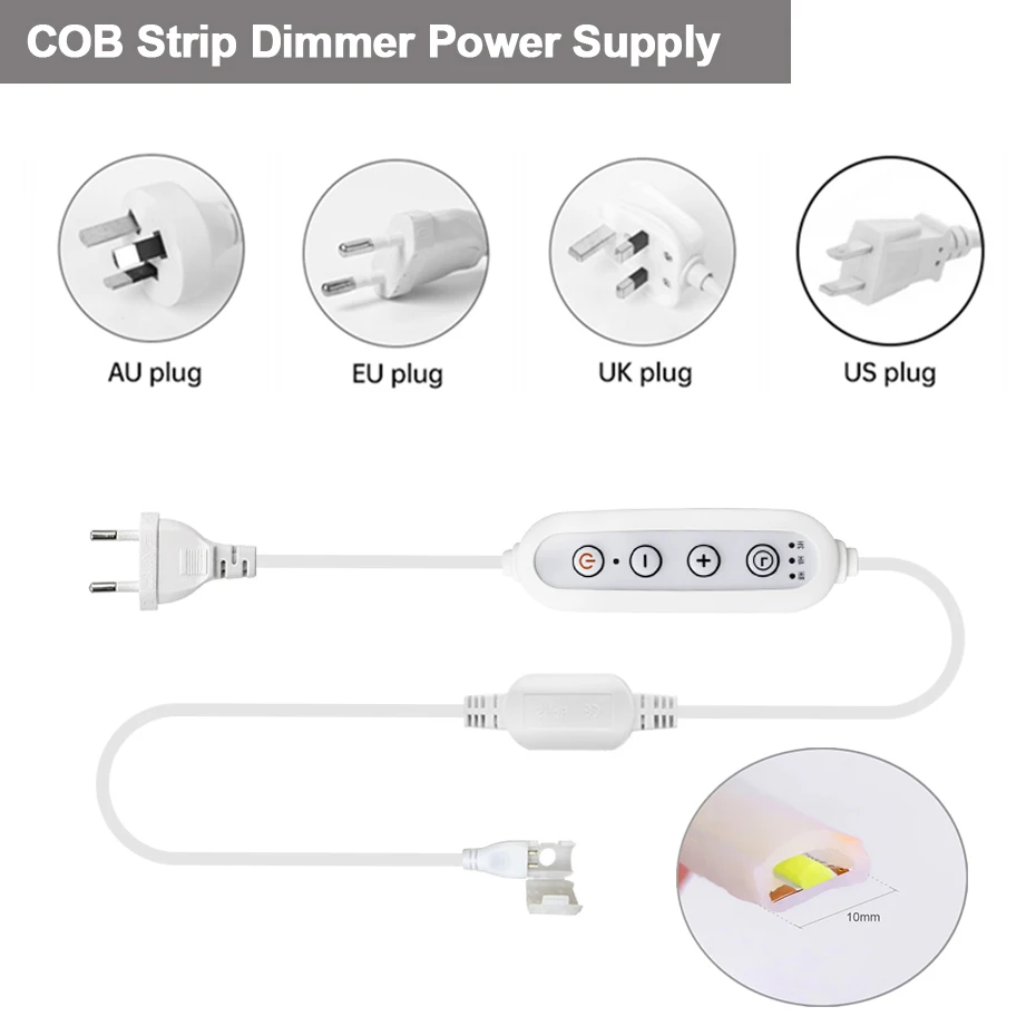 

110V 220V COB Led Strip Light Dimmer Timing Switch Power Supply US/EU/AU/UK plug 10mm Width Cob Tape Lighting Transformer