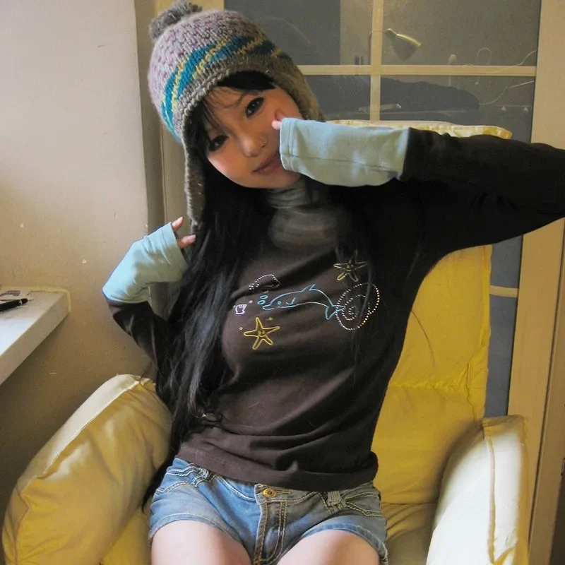 Y2k المحاصيل القمم خمر الماس طباعة كم طويل التي شيرت Harajuku ثقافة فرعية اليابانية Y2k الياقة المدورة تي شيرت جماليات الجرونج