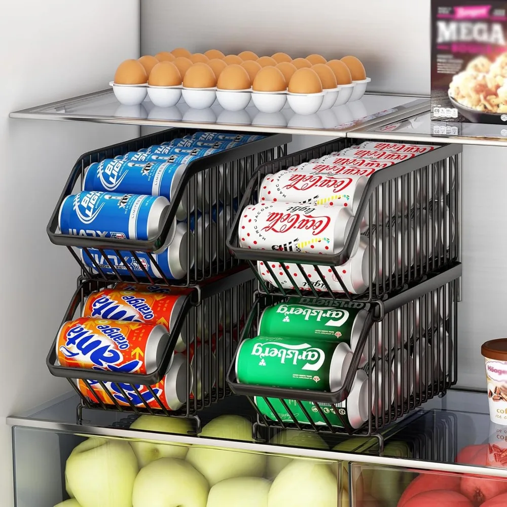 Stackable Soda Can Organizer for Refrigerator, Can Holder, Dispenser, Food Storage for Refrigerator, Kitchen,Countertops,Black