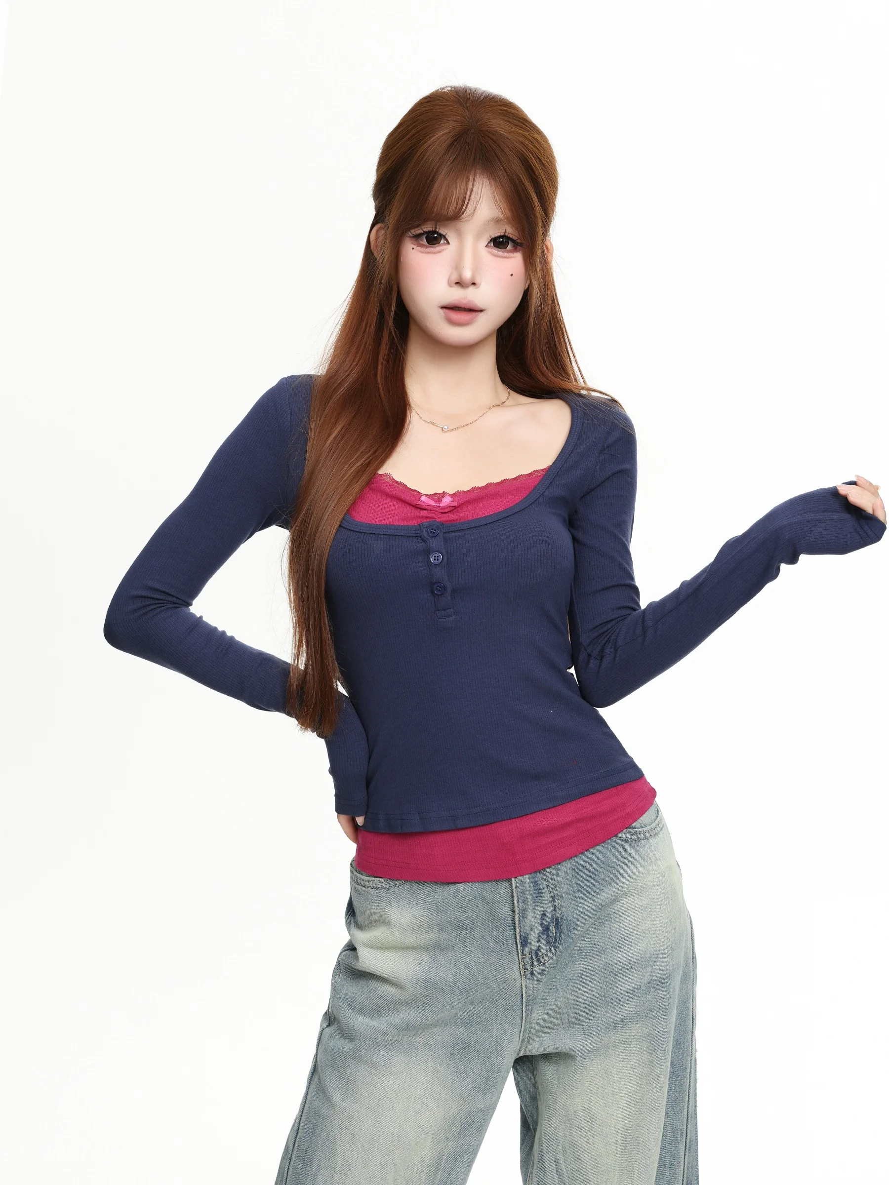 BASTERDS Lace Long Sleeve Slim Fit T-Shirt Women's Base Layer Shirt High Waist U-Neck Short Style Creative Pattern Cotton Blend
