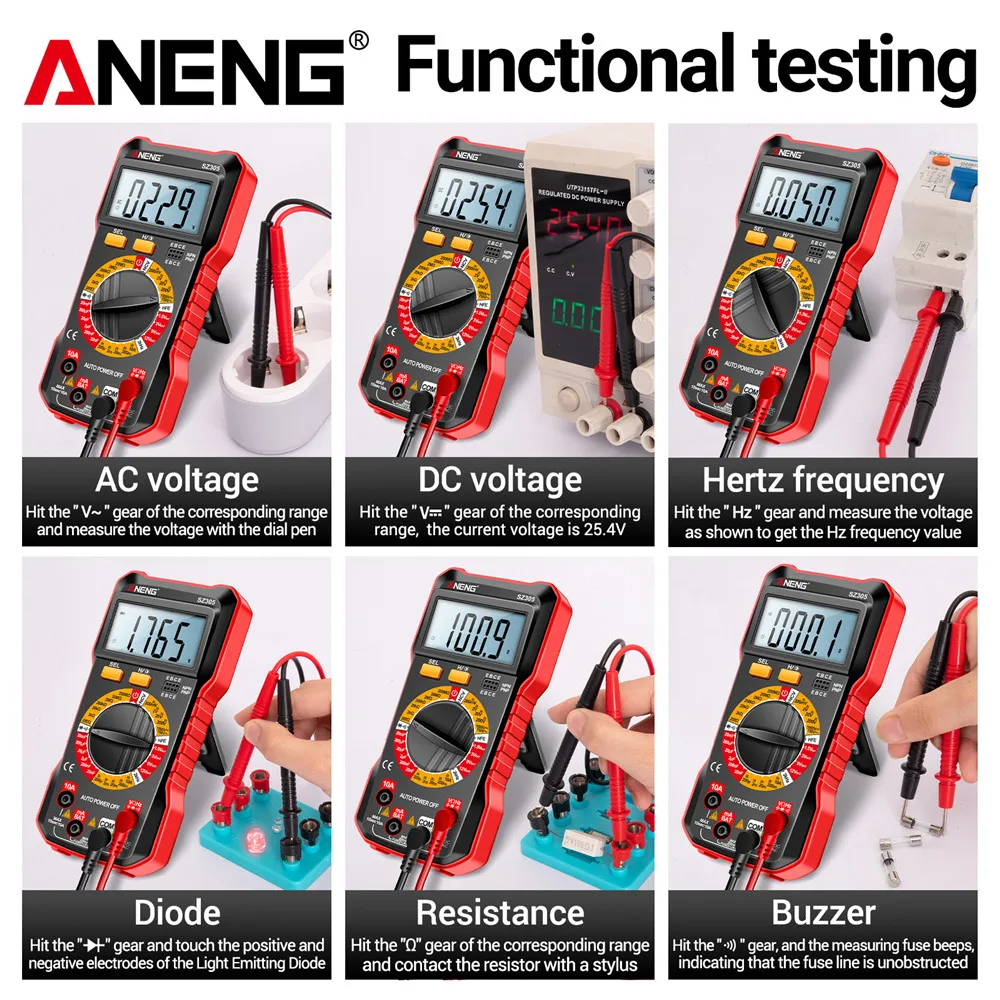 اختبار متعدد القياسات المهنية ANENG SZ305 الرقمية AC / DC الجهد الحالي NCV الجهد الاستقراء hFE الثلاثي ثنائي قياس متعدد القياسات أدوات الكهربائي