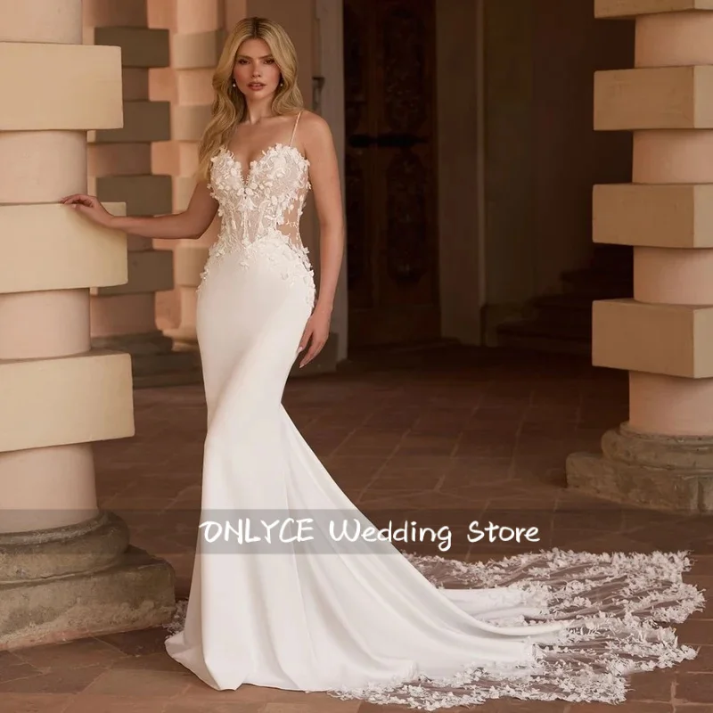 Amazing Appliques Court Train Mermaid Wedding Dress Sweetheart Spaghetti Straps Jersey Sleeveless Bridal Gowns Customized