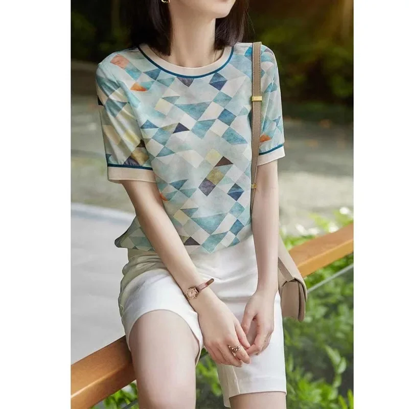 Summer New Printing All-match Office T Shirts Short Sleeve O Neck Contrast Vintage Pullovers Tops Casual Fashion Women Clothing