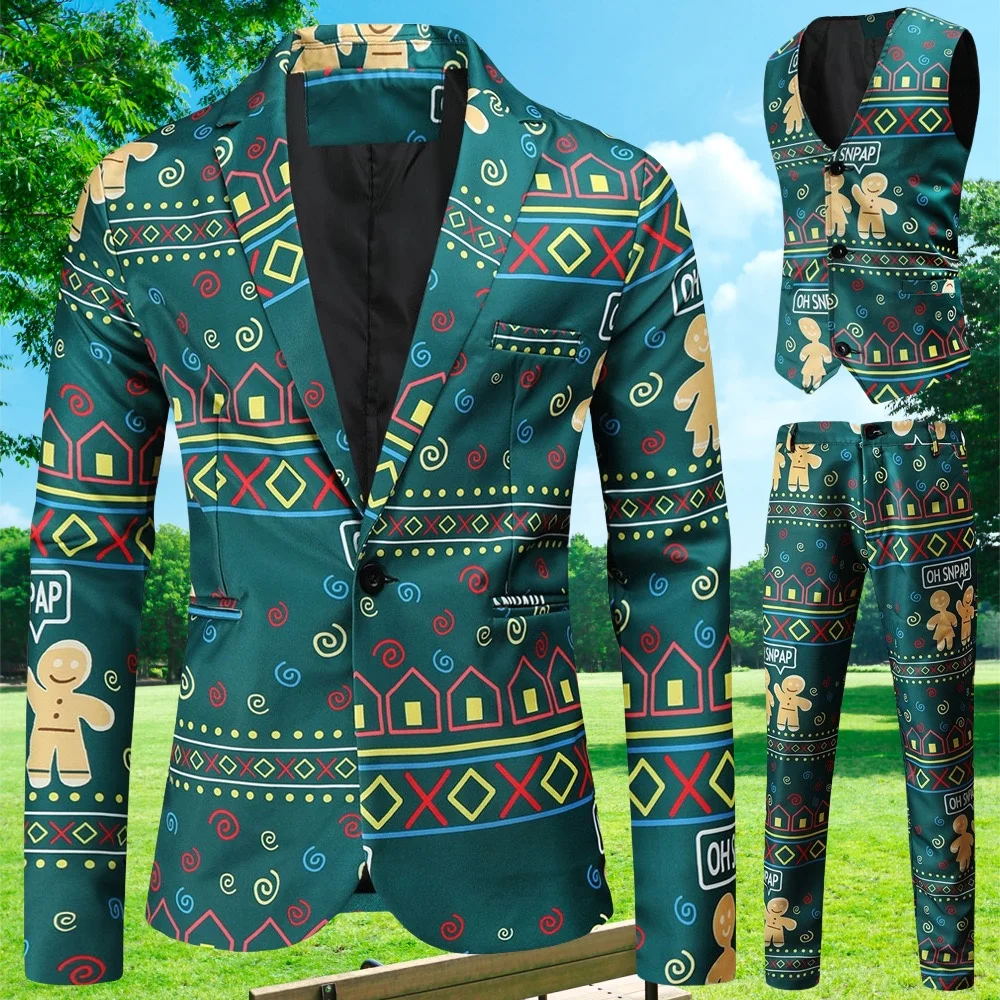 Traje para hombre, fiesta de Navidad, graduación, corte entallado, 3 piezas (Blazer + chaleco + pantalones), vestido con estampado de árbol de Navidad, conjuntos de trajes masculinos de talla grande 4XL