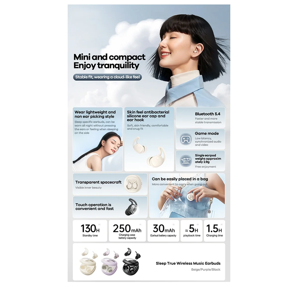 

2025+Sleep Earbuds for Side Sleepers Noise Cancelling Mini Wireless Bluetooth Earbuds for Sleeping Cream White