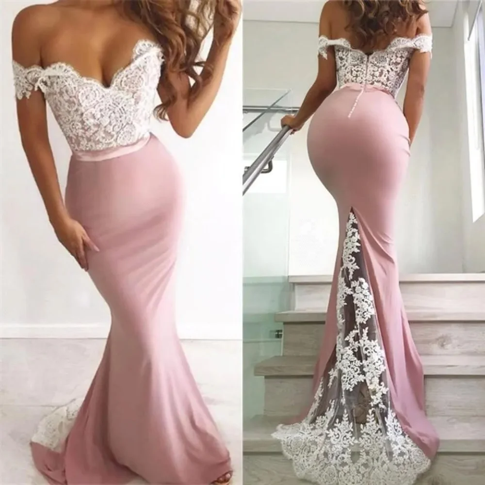 

Classic Contrast Wedding Party Dress White Lace Pink Mermaid Satin Bridesmaid dress Birdal Gown Engagement groups Evening Dress