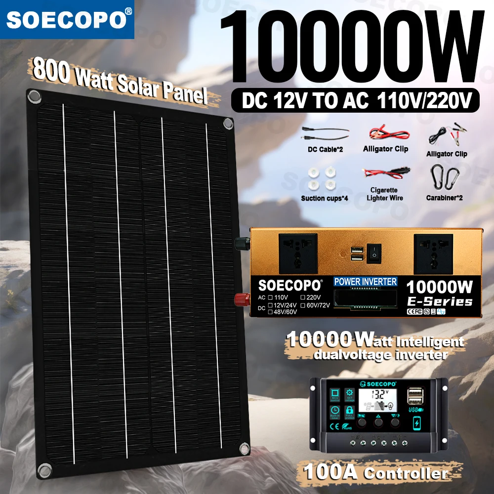 

10000W Solar System Complete Kit Dual12V/24V To 110V/220V100A Controller 800W Panel Off-Grid Inverter for Home/Camping Backup