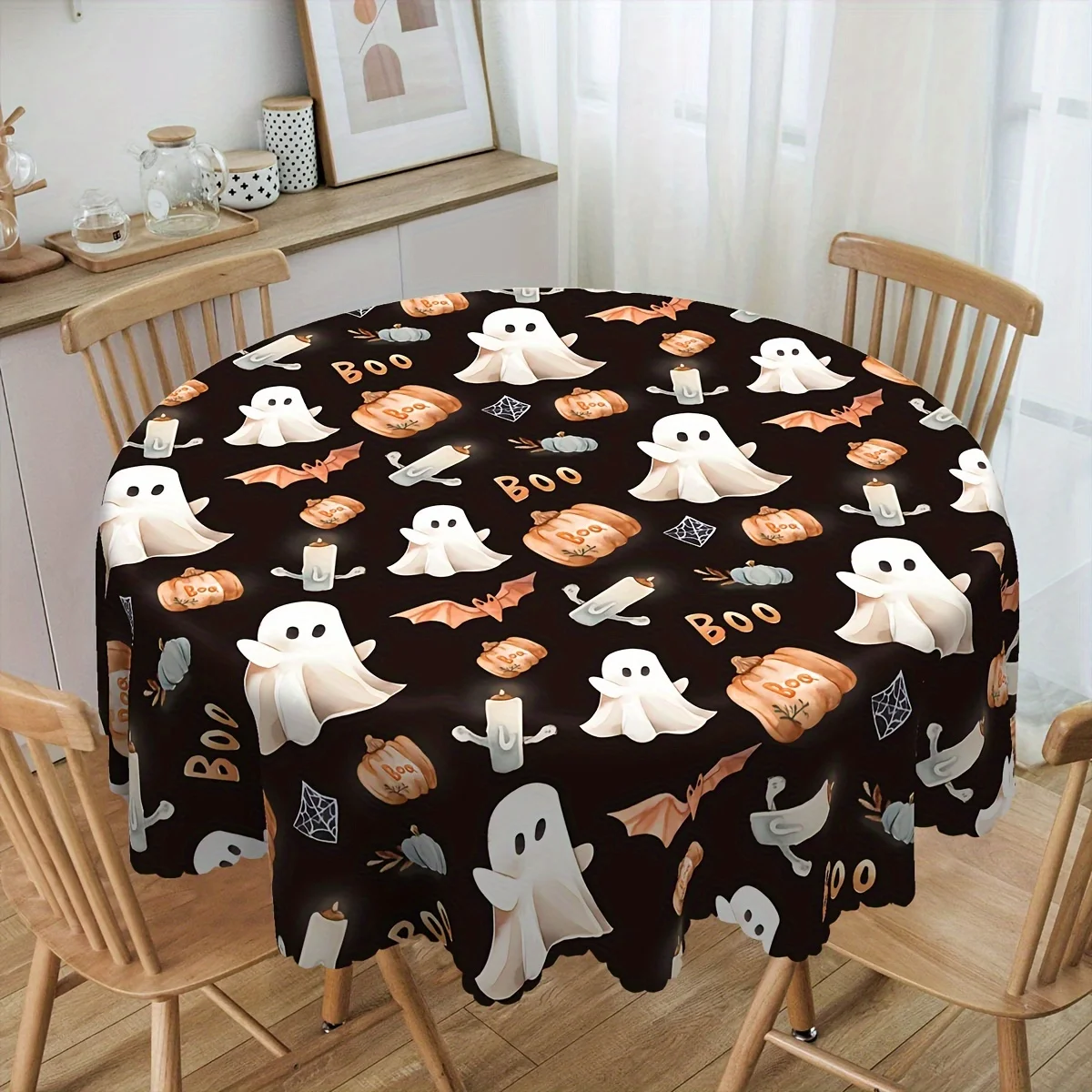 1 piece, Halloween puppet tablecloth, black pumpkin circular tablecloth, bat and spider web candle patternzyc