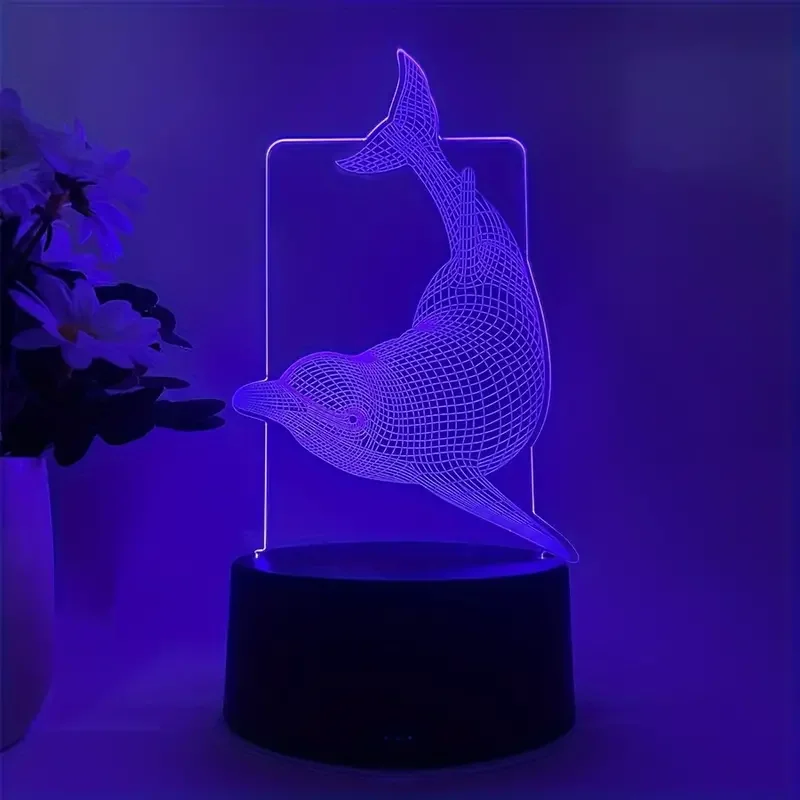 1pc Dolphin 3D Night Light, 3D Optical Illusion Lamp With Touch, 7-Color Changing Ambient Light For Bedroom