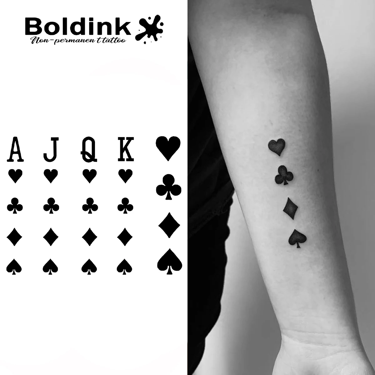 Boldink Card Suit Schablone Temporäres Tattoo, Letzt bis 15 Tage, neue Technologie, magischer, wasserfester, semi-permanenter Aufkleber.