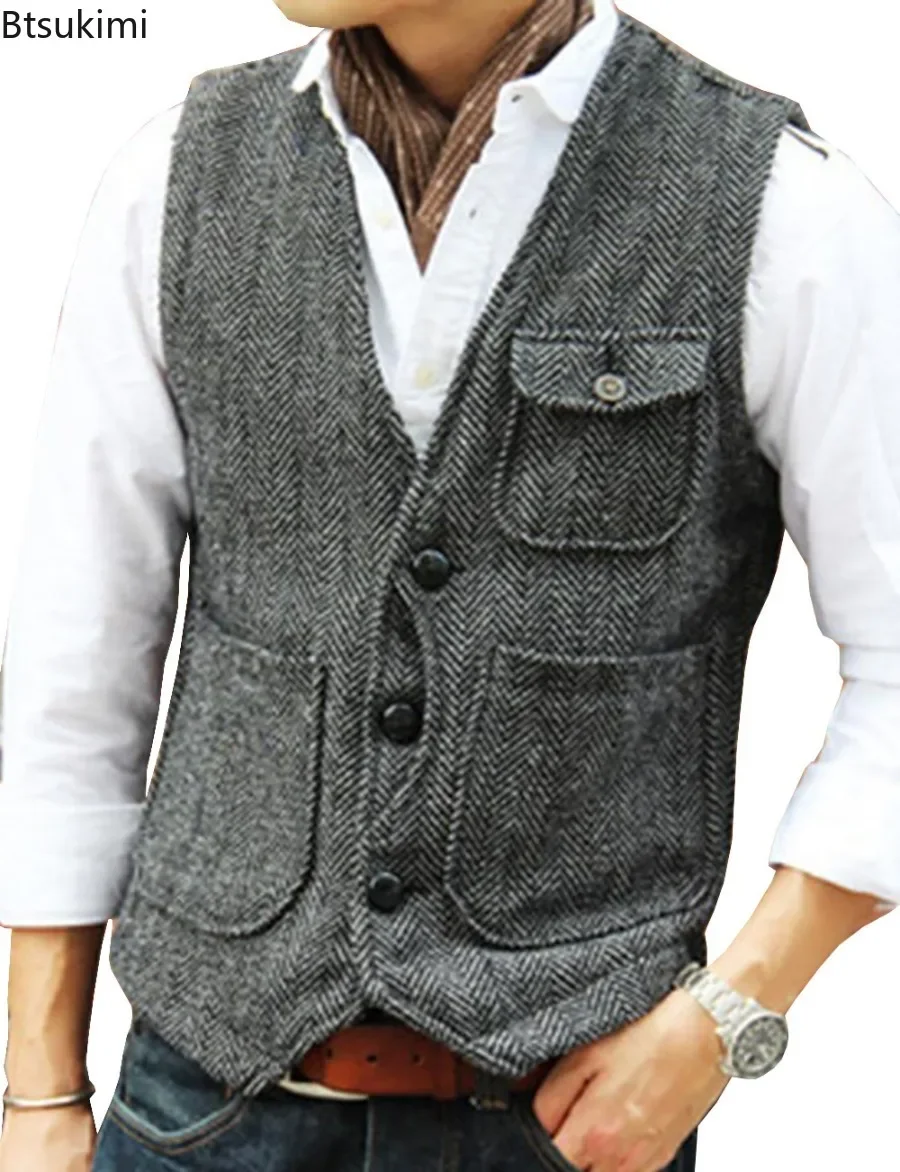 

2024 Men's Vintage Herringbone Tweed V Neck Waistcoats Business Party Formal Suit Vest Wedding Groomman Wear Vest Tops Gentleman