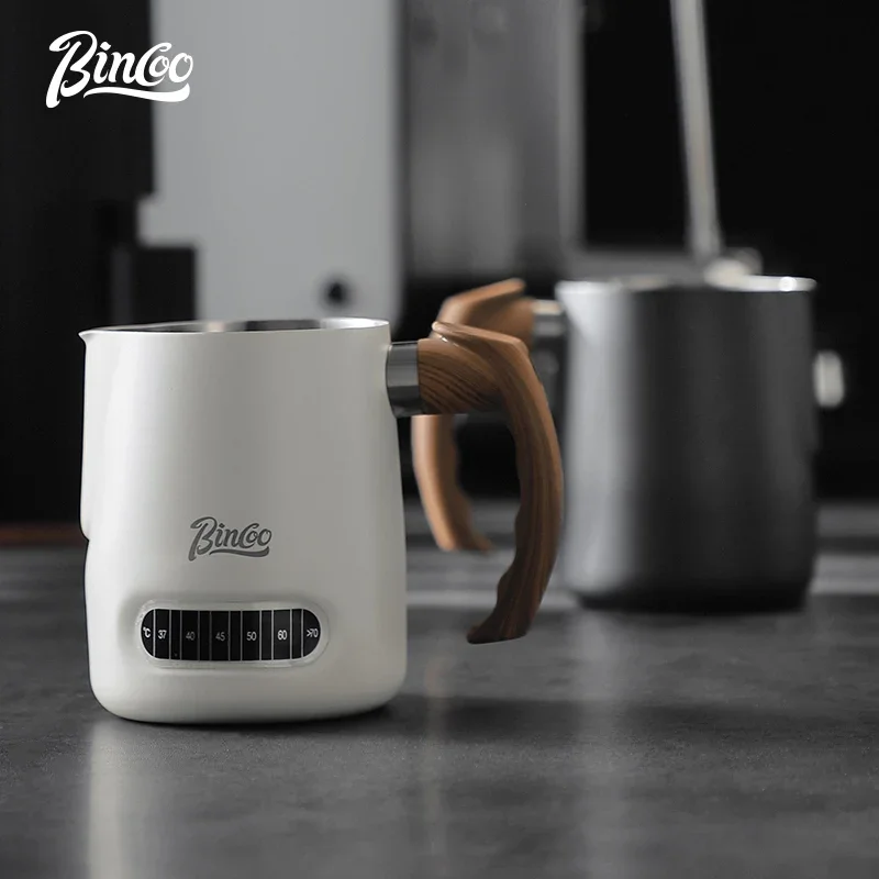 Bincoo Stainless Steel Temperature Display Latte Art Cup Italian Coffee Milk Cup Professional  Round Mouth Latte Art Cylinder