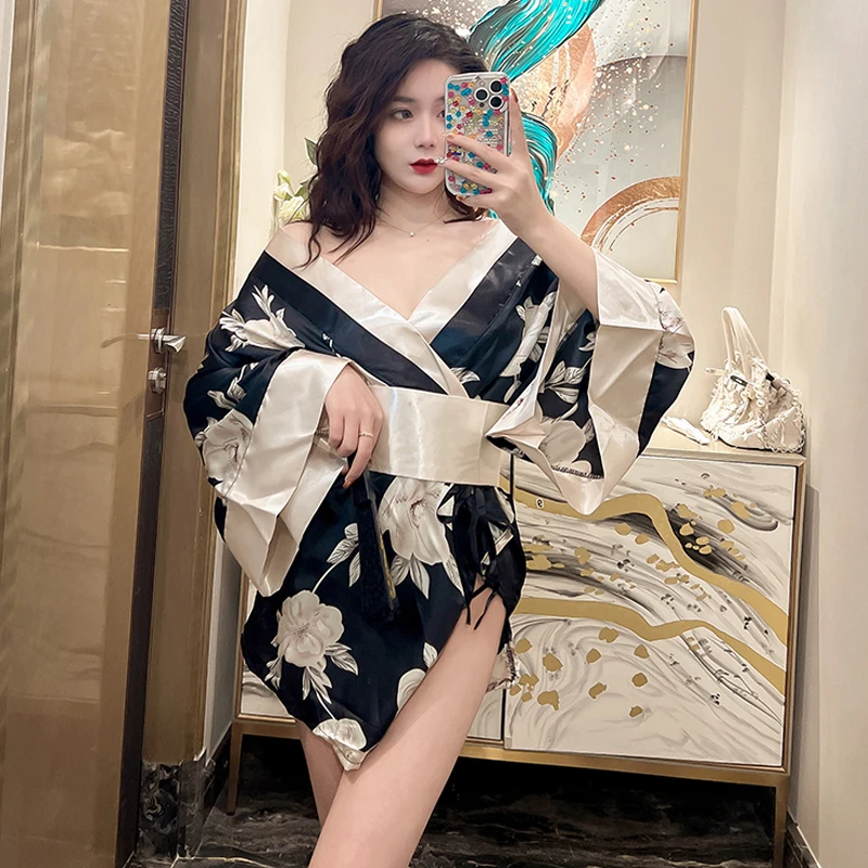 Japanese Kimono Sexy Cosplay Outfit for Women Traditional Style Robe Yukata Sakura Costume Pajamas Soft Silk Belt Lingerie Porno