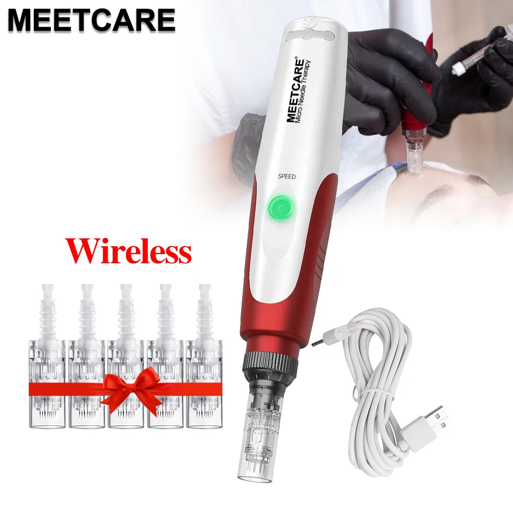 Caneta elétrica derma MEETCARE com ajuste de 5 velocidades, microagulhamento dermapen ou cartucho de baioneta para beleza, ferramenta de cuidados com a pele