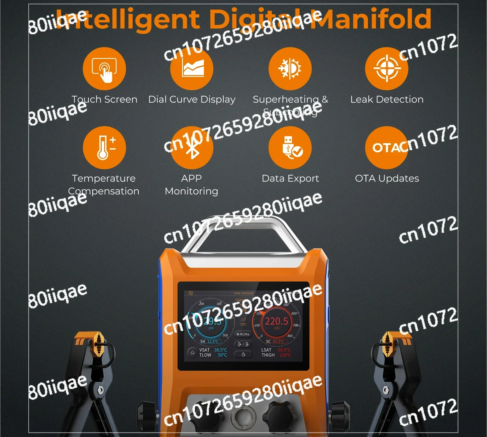 Intelligent 4 Valves Digital Manifold Kit with 5” Smart Touch Screen Gauge with Bluetooth