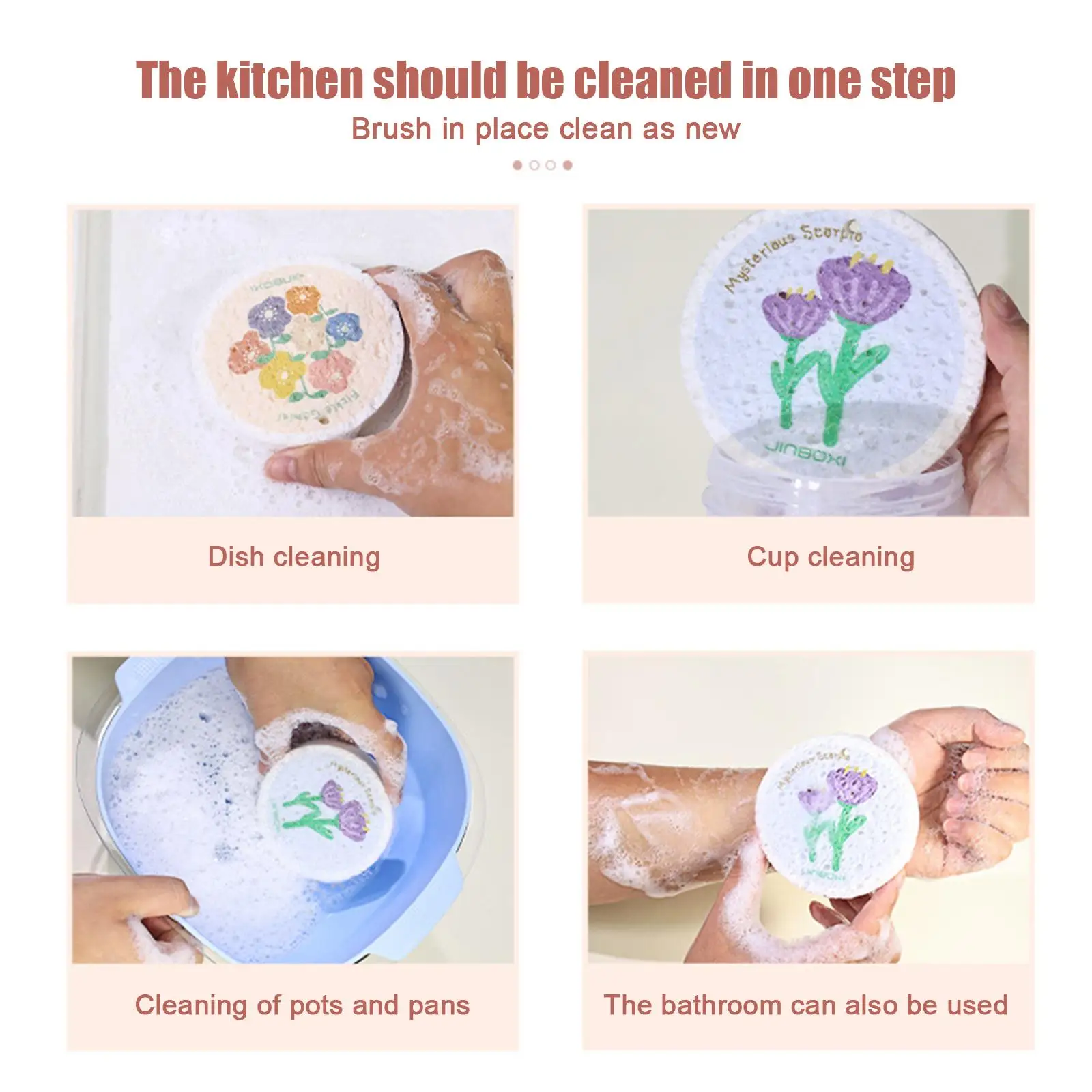 5PCS Wood Pulp Cotton Sponge Cartoon Flowers Compressed Cleaning Sponge Dual-Sided Dish washing Sponge For Kitchen Household