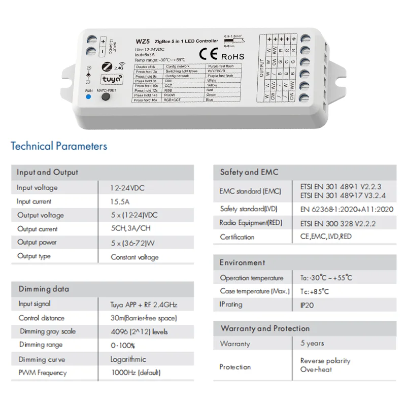 WZ5 Tuya Zigbee LED Controller DC 12-24V 15A 5 in 1 RGB CCT RGBW RGBCCT LED Strip Light Controller RF 2.4G Wifi Smart Home