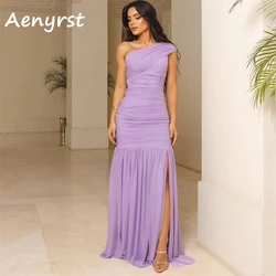 Aenyrst Purple One Shoulder Prom Dresses Mermaid Split Pleated Chiffon Evening Gowns Floor Length Purple Holiday Dress For Women