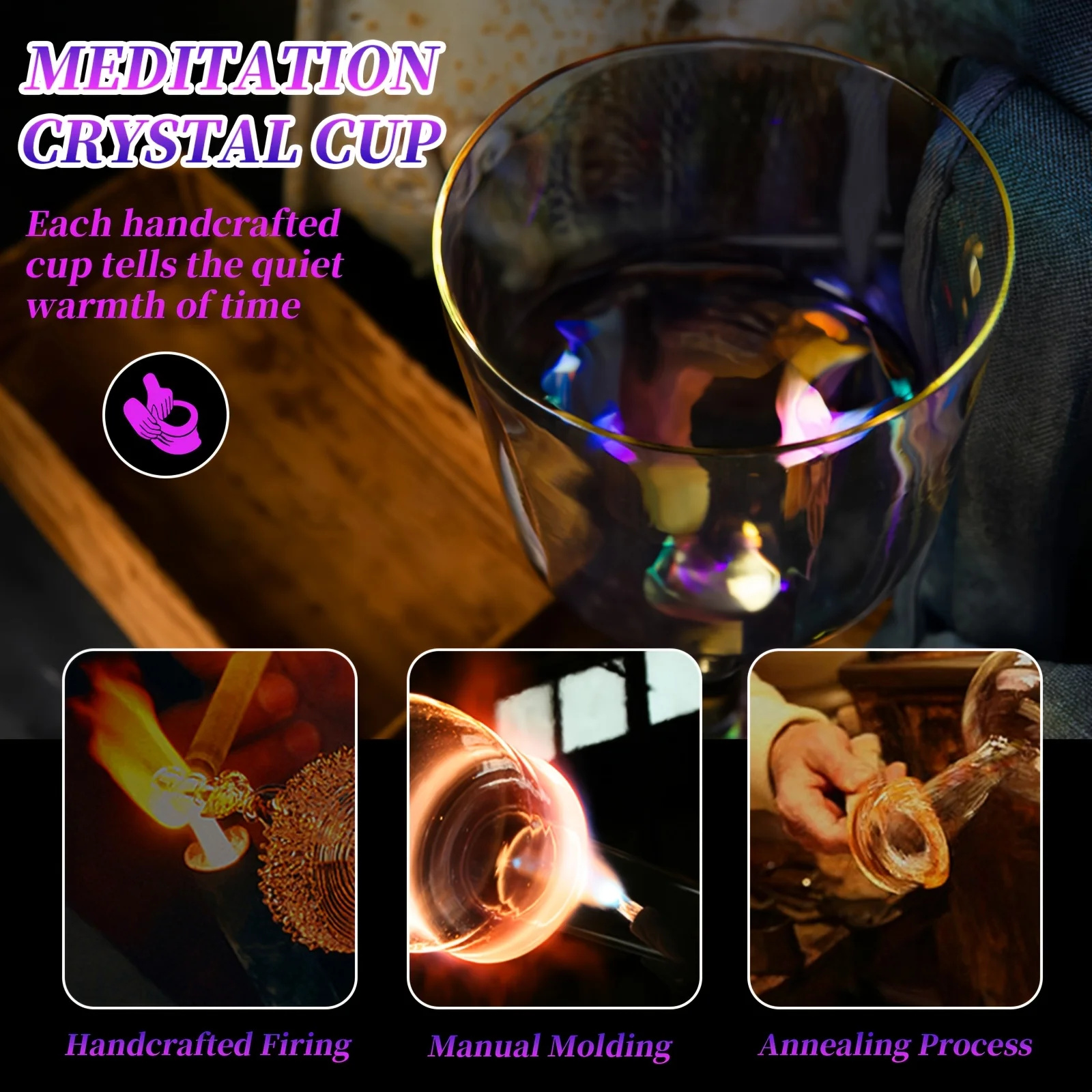 Handheld Quartz Crystal Singing Bowl for Meditation, Transparent Colorful Shimmering Music Bowl, Equipped with Striking Mallet and Storage Backpack