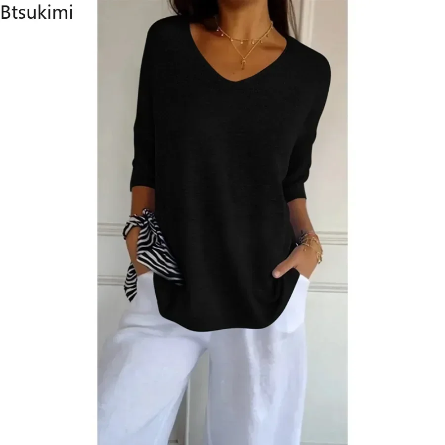 

2025 Women's Casual Thin Knitted Sweater Tops Loose V Neck Simple Tops Pullover Solid Half Sleeve Loose Bottoming T-shirts Tops