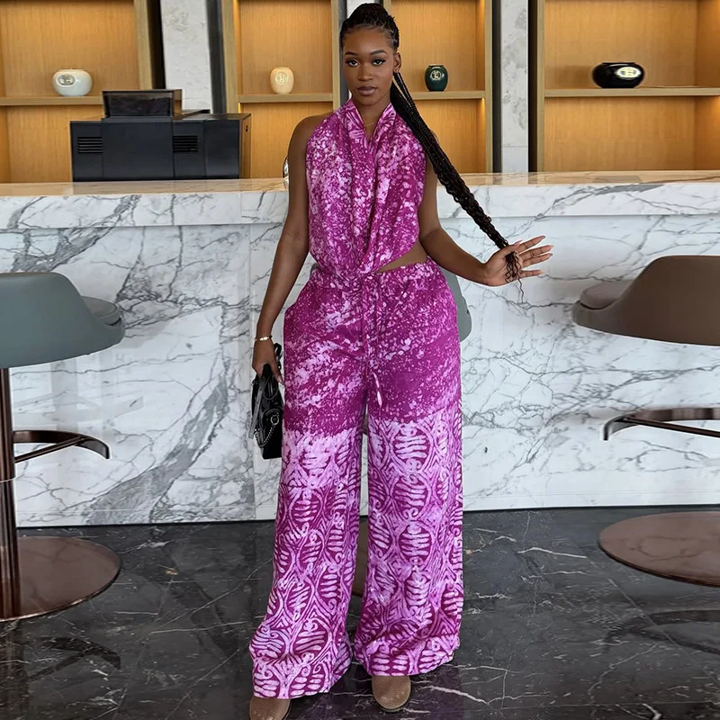 Unmatched Style Color-blocked Women's Loose Pleated Printed Pantsset With A Drop Necklace Summary Outer Two-piece Outfit Robe