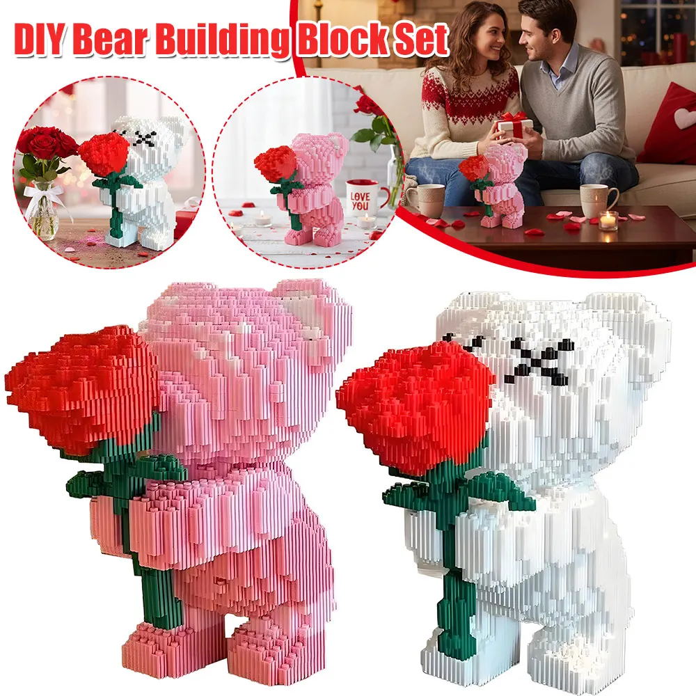 

DIY Bear Building Block Set with Rose Bear Micro Building Block Toy Gift for Adults & Boys & Girls
