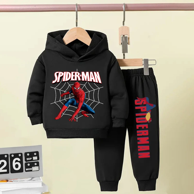 Spider-Man printed children's clothing kids plus velvet hoodie suit autumn and winter black sweater pants 2-piece suit for boys