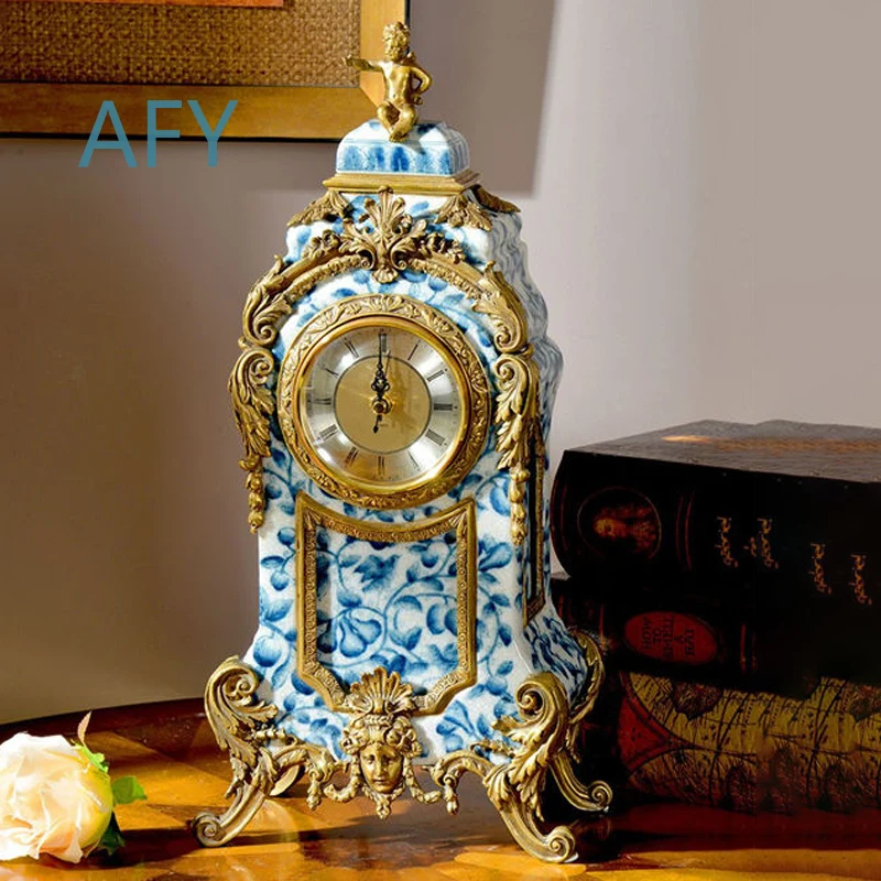 Retro Table Clock for Home Decoration Living Room Bedroom Office Desk Decor 225x140x460mm Copper Celadon Ceramic Brass Metal