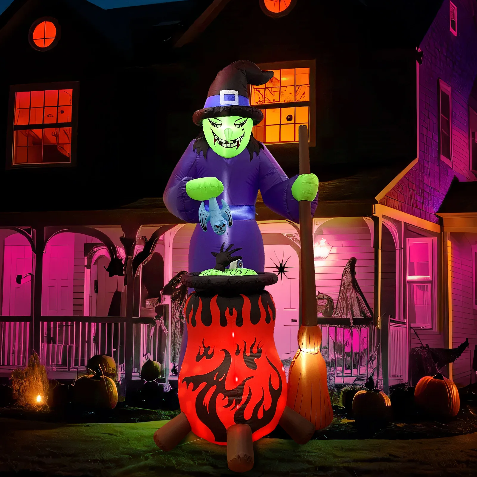 

8FT Halloween Witch Inflatable Figure for Indoor and Outdoor Decoration, Green-faced Witch Herb-making Garden Decoration