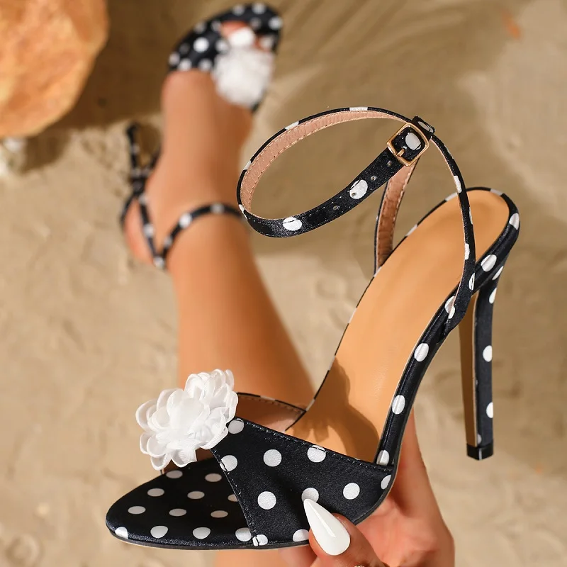

Eilyken Fashion Polka Dot Pointed Toe Women Sandals Sexy Stiletto High Heels Buckle Strap Party Stripper Shoes