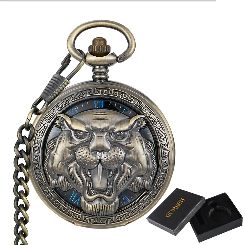 

Tiger Lion Mechanical Clock Vintage Man Pocket Watch with Fob Chain Steampunk Hanging Watches for Men Chinese Zodiac Pendant