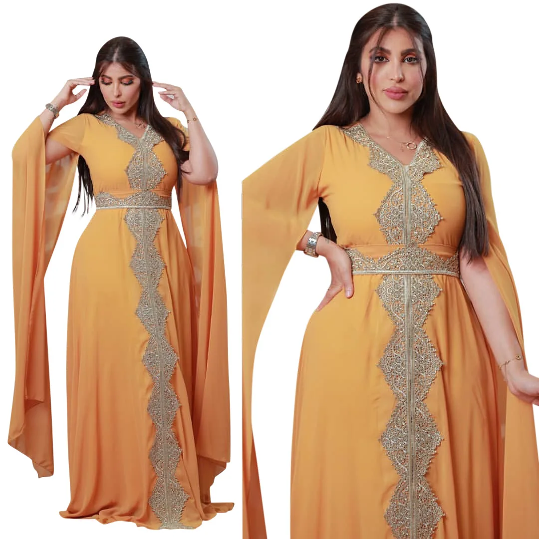 2023 Summer Spring Autumn Muslim Women V-neck Polyester White Orange Embroidery Long Sleeve Abaya  Dubai Abaya  Muslim Dress