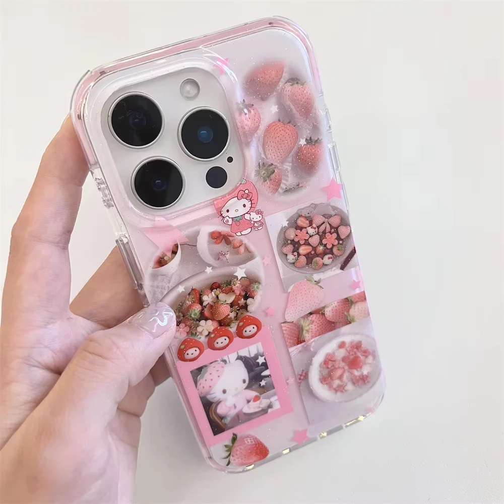 

Kawaii Strawberry Hello Kitty Phone Case For iPhone 16 15 14 13 12 11 Pro Max XS Max XR 7 8 Plus Shimmering Powder Soft Cover