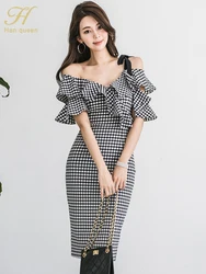 H Han Queen 2024 New Summer Dresses Womens Sexy Slash Neck Retro Ruffles Party Elegant Dress Off The Shoulder Sexy Plaid Vestido