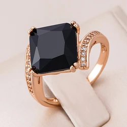 Kinel Luxury Big Square Black Natural Zircon Ring For Women Fashion 585 Rose Gold Color Vintage Wedding Jewelry Fine Daily Gift