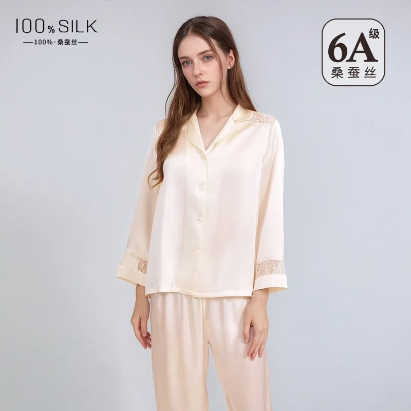 

Autumn Winter New Women's High-End Silk Long Sleeved Pants 2PCS Pajamas Set 100% Mulberry Silk Lightweight Luxury Loungewear