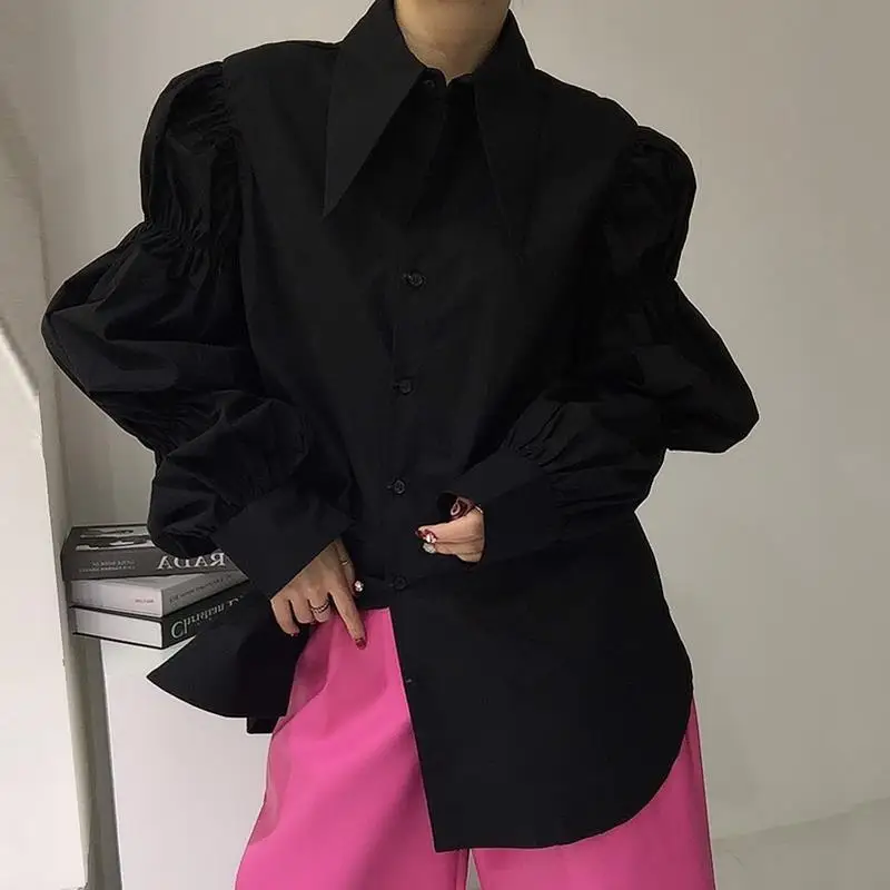 Irameezt-Chemises rétro de style palais pour femmes, blouses à revers monochromes, manches bouffantes, chemisiers boutonnés, hip hop, chemise chic High Street, vêtements féminins, automne