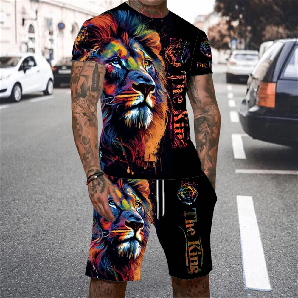 New Lion King Printed Men Tracksuit Set Summer O-collar Short-sleeved T-shirt Shorts 2 Piece 3D Style Men's Casual Fashion Suit