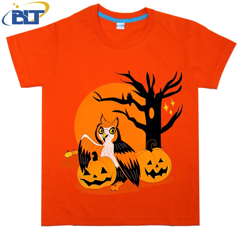 Camiseta con estampado de búho de Halloween para niños, Tops casuales de manga corta de algodón, verano, adecuado para niños y niñas