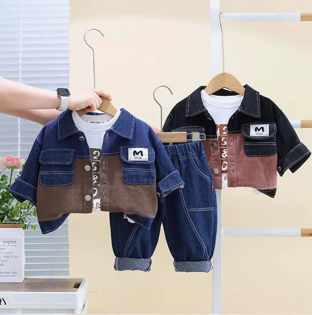 Korean Style Baby Boys Sets 1 To 5 Years Patchwork Denim Pockets Casual Jackets White T-shirts Pants Kids Clothes Boy Tracksuits