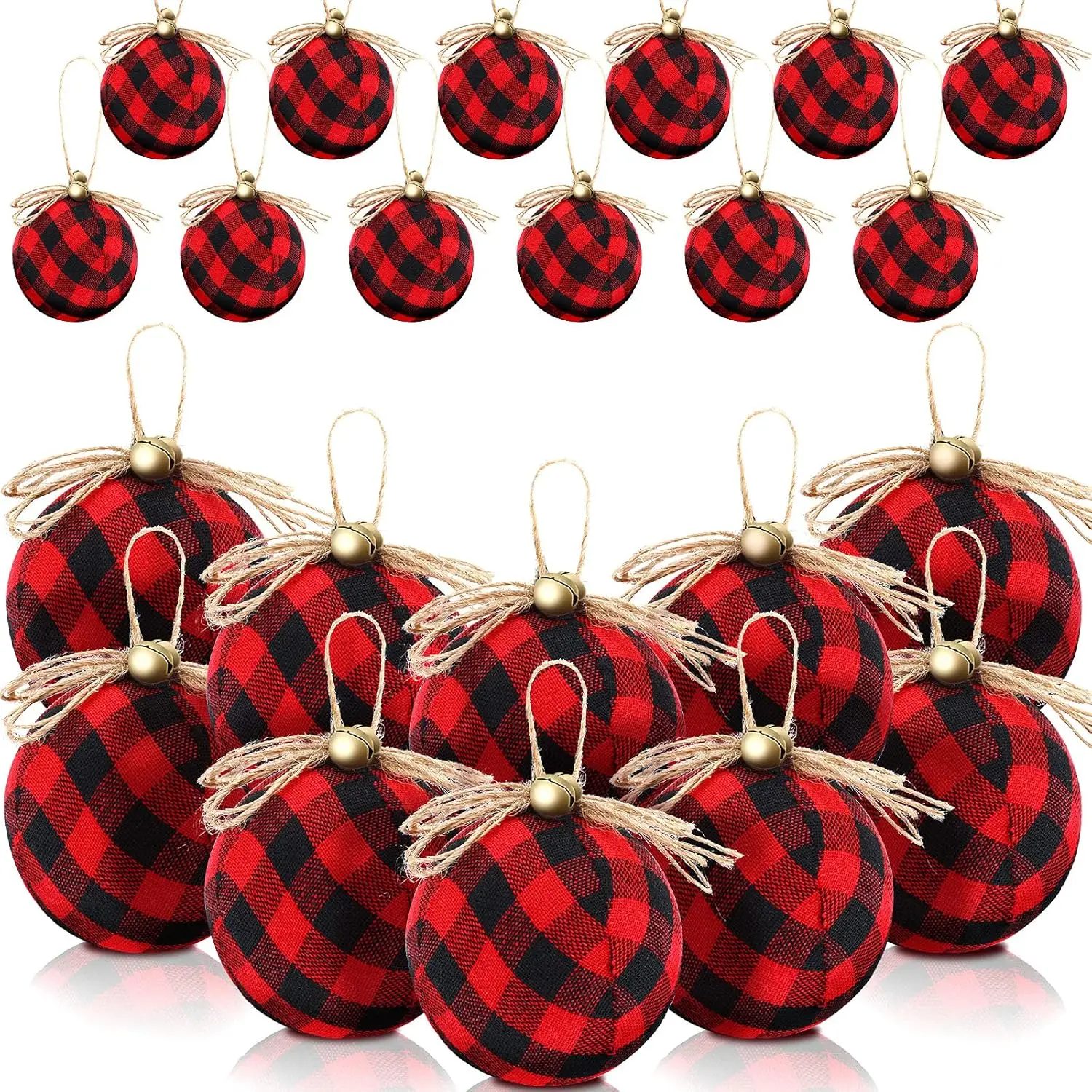 Adornos de bolas de Navidad a cuadros de búfalo de 16 piezas con campana para decoraciones colgantes de árboles y suministros para fiestas