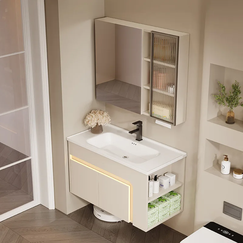 Extremely Narrow 40 Wide Cream Wind Honeycomb Aluminum Bathroom Cabinet Household Small Apartment Deepened Wash Basin Side Stora